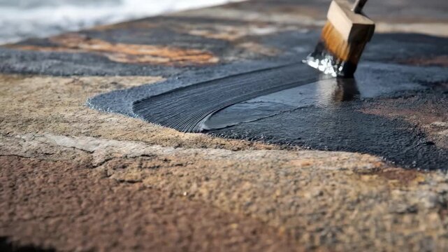 Closeup of nonslip coating being carefully spread on a weathered boat ramp enhancing traction and durability