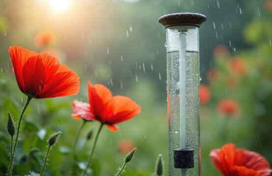 Red poppies bloom in garden during rainfall. Rain gauge measures water collected. Weather observation tool stands near wet flowers, green leaves, and buds.