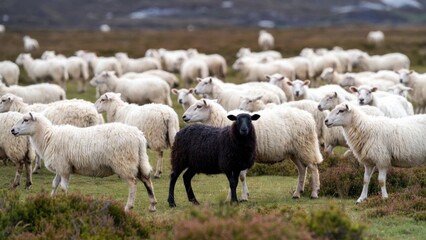 Fototapeta premium Black sheep among white sheep in scenic pasture landscape.