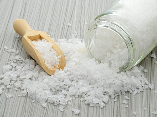   Closeup of celtic salt and a scoop.