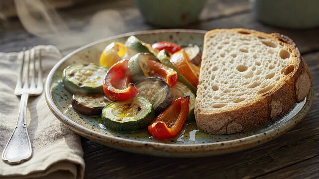 Grilled vegetables and bread on a plate with rustic setting
