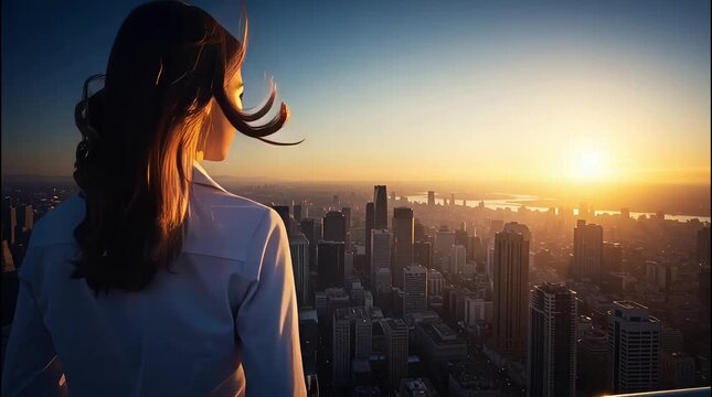 A young career woman on the rooftop of a building, watching the sunset on a sunny day
