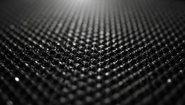Close up macro photo of black speaker grille texture. Geometric mesh pattern with small hexagonal holes reflects light. Surface detail for sound equipment background.
