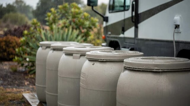 Medium shot of rain barrels lined up beside an RV site with raindrops glistening and native plants blurred softly in the background emphasizing sustainable water collection