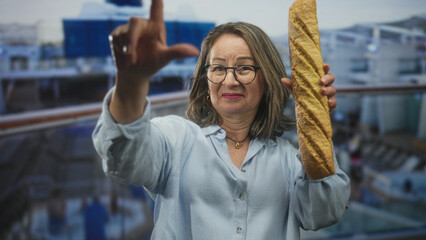 Fototapeta premium Hispanic senior woman holding a baguette and pointing with index finger while making an l gesture at airport gate; playful defiance.