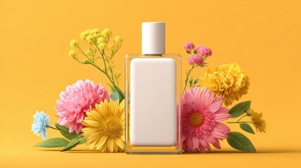 Perfume bottle mockup in minimal aesthetic, blank surface, cute vibrant floral elements