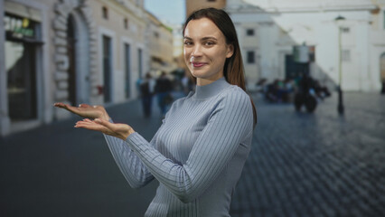 Fototapeta premium Woman holding open palms toward camera on a cobblestone street, smiling and presenting hands in a pale blue sweater; welcoming gesture.