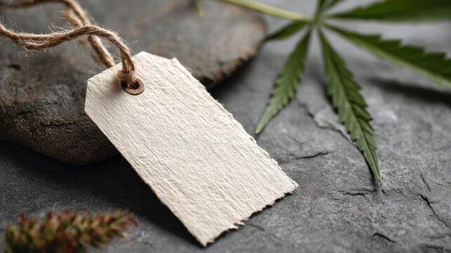 Blank natural label on stone with hemp leaf for organic product design and branding