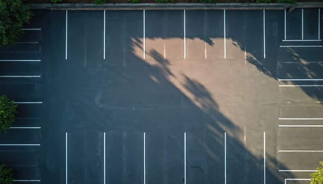 Aerial view of empty asphalt parking lot with white lines marking spots. Green trees border the lot and dappled shadows fall across the pavement. Ideal for urban planning or transportation themes.