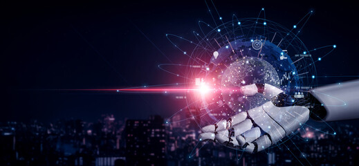 Fototapeta premium AI connecting global business network, processing data exchange, analyzing economic trends, and supporting digital infrastructure through intelligent worldwide systems. Vouch