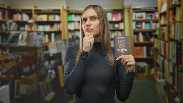 Young woman holding czech passport with hand on chin in bookstore pondering travel decisions; pensive doubt.