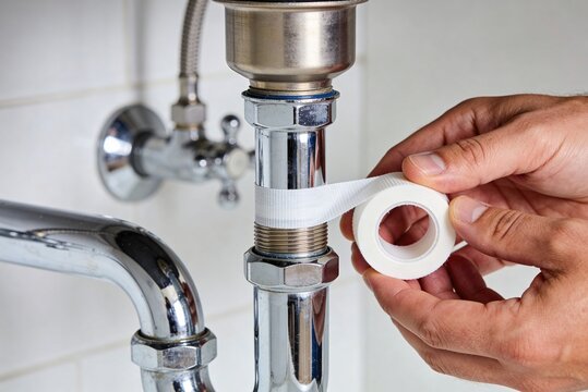 A plumber's hands wrapping white Teflon tape around the threads of a chrome sink drain pipe.