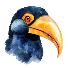Hornbill, illustration watercolor with dynamic strokes and balanced color harmony, isolated on a white background. © lunaris