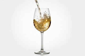 White wine glasses toasting with dynamic splashes and bottle on white background