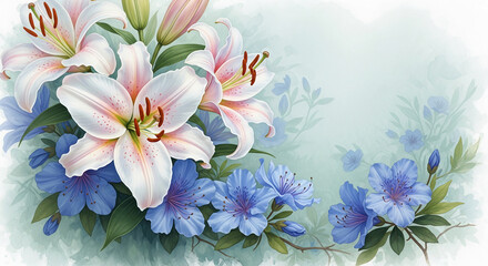 Obraz premium Floral arrangement with white lily and blue flower, watercolor style, presenting purity and delicate beauty, suitable for botanical concept