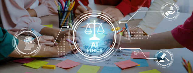 A vibrant scene of diverse hands participating in a collaborative discussion on AI ethics,...