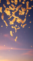 Naklejka premium Image shows golden feathers falling against a gradient blue and pink sky, conveying lightness, freedom, and dreamy feeling, suited for spiritual concepts