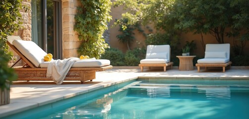 Wicker chaise lounge with lemons and blanket rests by clear blue swimming pool. White cushioned chairs and side table sit in sunny patio garden.