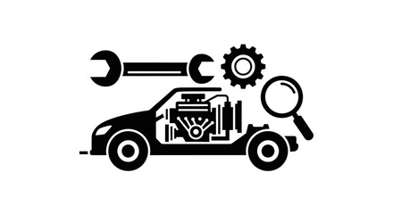 Car Engine Inspection with Tools and Magnifying Glass.