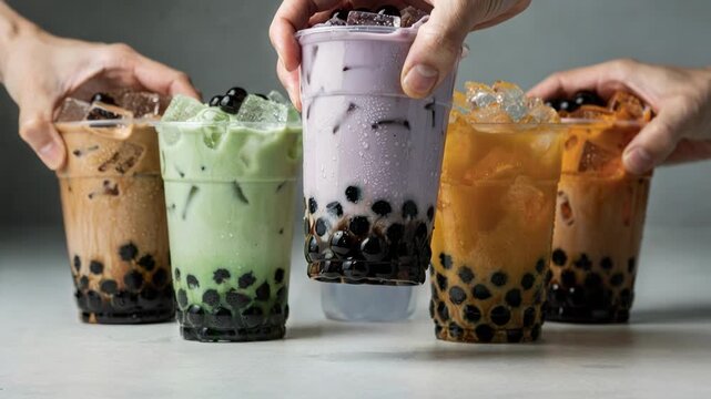 Vivid iced bubble tea cups with varied flavors and pearl toppings sharply captured blurred hands reaching to grab drinks.