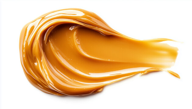 Smear of tasty caramel paste on white background, top view