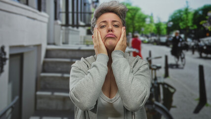 Fototapeta premium Woman with short hair holds cheeks with both hands on busy city street; thinking doubt pondering concern.