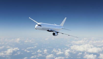 Obraz premium Commercial jet airplane flying high above fluffy clouds in a clear blue sky, symbolizing travel and freedom