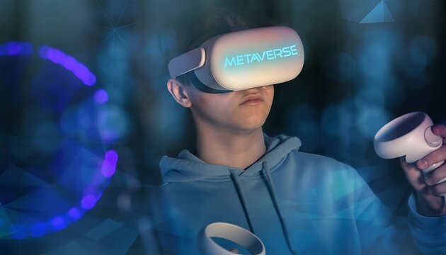 Young person wearing VR headset with Metaverse text, exploring virtual reality with controllers, futuristic blue digital world