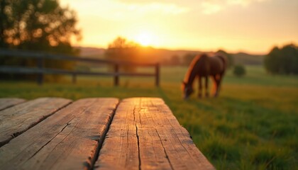 Rustic wooden table in foreground with horse grazing in field at sunset. Golden hour light illuminates pastoral scene with soft natural ambiance and warmth.