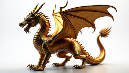 Obraz premium Golden dragon statue with wings spread, sharp claws extended, menacing fangs bared. Majestic mythical creature with scaly texture, detailed horns, and coiled tail, standing on neutral surface.