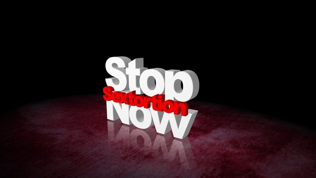 Stop Sextortion Crime Now Bold 3D White End With Red Text On Dark Stage