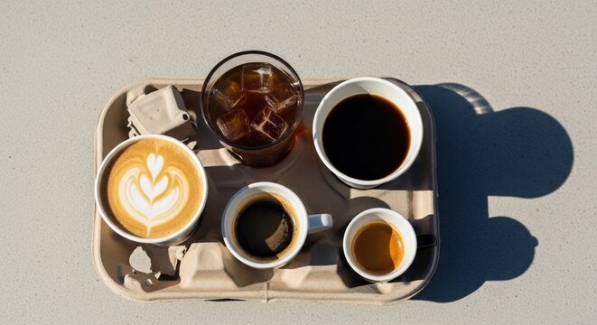 variety of coffee drinks in different cups on sunny outdoor table with shadows and warm tones