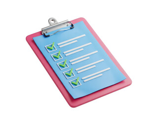 A pink clipboard with a blue checklist