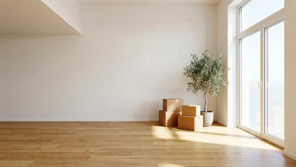 柔らかな日差しが差し込む広々とした白い部屋に、引越しの段ボールとオリーブの木が置かれた様子は、さらさらとした空気感とともに新生活への希望を感じさせます。不動産広告やリノベーションのイメージに最適です。