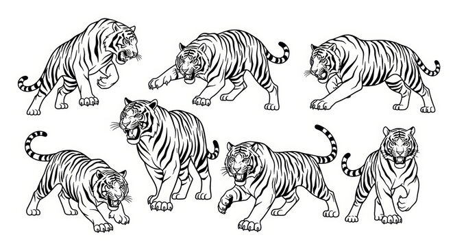 Set of Tiger Poses, Black and White Line Art Illustration
