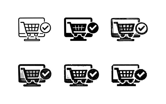 Online shopping cart with checkmark icon on computer screen, multiple styles
