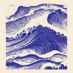 Dramatic blue ink illustration of powerful ocean waves crashing, linocut style with textured details and a sense of movement. © bbilfunk