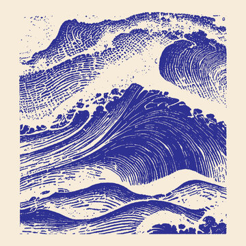 Dramatic blue ink illustration of powerful ocean waves crashing, linocut style with textured details and a sense of movement.