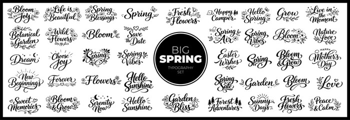 Colorful spring typography designs featuring flowers and cheerful phrases. © Premium_art
