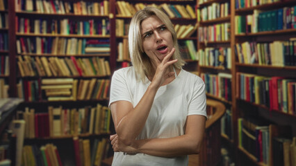 Young blonde woman with hand on chin and crossed arm wearing white tshirt beside tall crowded bookshelves in a library  pensive curiosity. © Krakenimages.com