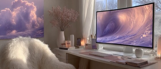 Cozy Home Office With Curved Monitor, Soft Pastel Lighting, Furry Chair and Minimal Desk Decor