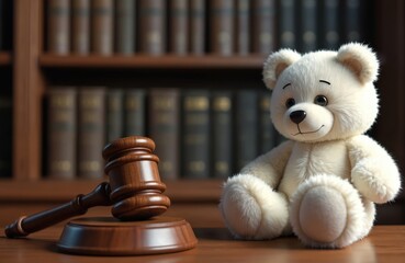White teddy bear sits near wooden gavel on judges desk. Bookshelves filled with law books in background. Symbolizes child justice legal system and court decisions about kids.