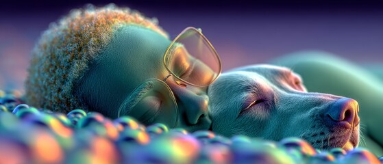 Colorful Closeup Of Woman Sleeping With Dog, Resting Together In Dreamlike Light