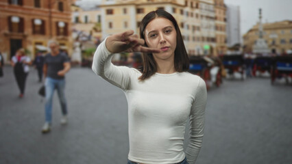 Fototapeta premium Woman points finger with outstretched arm on a crowded street near horse carriages and tourists; dismissal confidence.