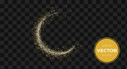 Elegant gold and white sparkles forming a crescent shape on a dark background.