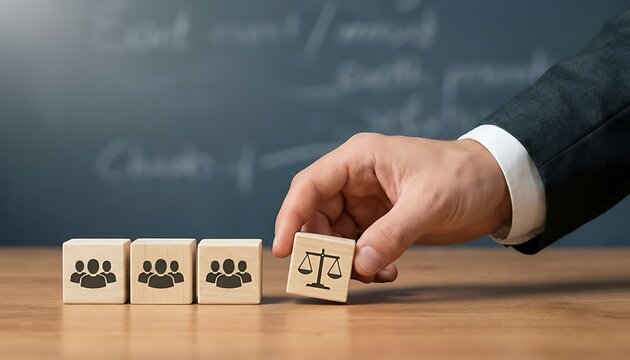 Hand Placing Justice Scale Block with People Cubes for Law, Ethics and Corporate Fairness Concept
