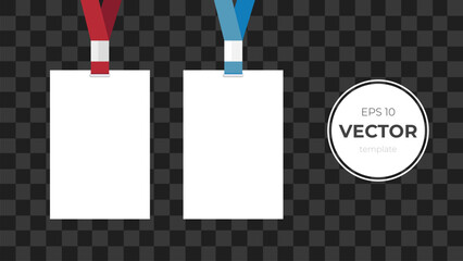 Two blank ID cards hanging from colored lanyards on a checkered background.