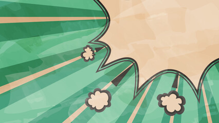 Colorful comic style background with dynamic rays and explosive speech bubble.
