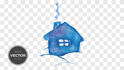 Blue watercolor illustration of a cozy house with smoke coming from the chimney.
