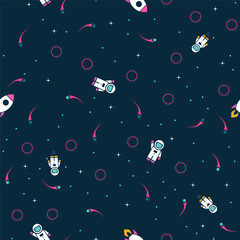 Colorful space-themed pattern featuring rockets and astronauts on a dark background.